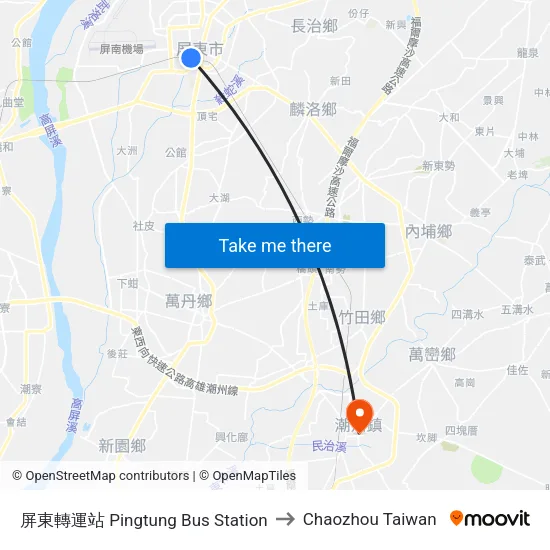屏東轉運站 Pingtung Bus Station to Chaozhou Taiwan map