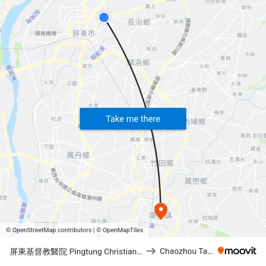 屏東基督教醫院 Pingtung Christian Hospital to Chaozhou Taiwan map