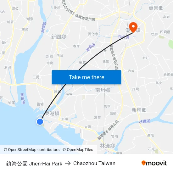 鎮海公園 Jhen-Hai Park to Chaozhou Taiwan map