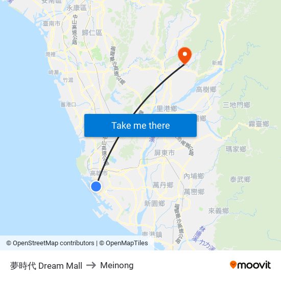 夢時代 Dream Mall to Meinong map