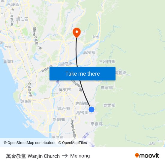 萬金教堂 Wanjin Church to Meinong map