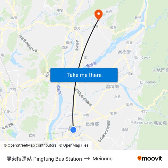 屏東轉運站 Pingtung Bus Station to Meinong map