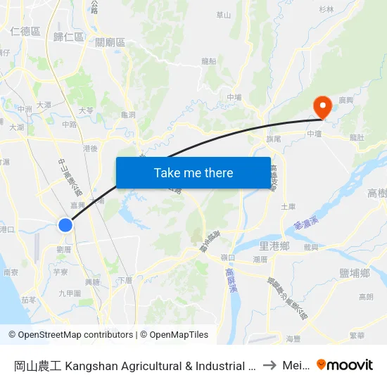 岡山農工 Kangshan Agricultural & Industrial Vocational Senior High School to Meinong map