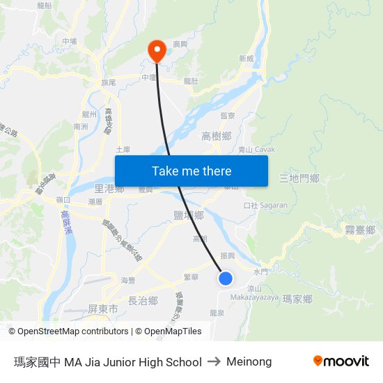 瑪家國中 MA Jia Junior High School to Meinong map