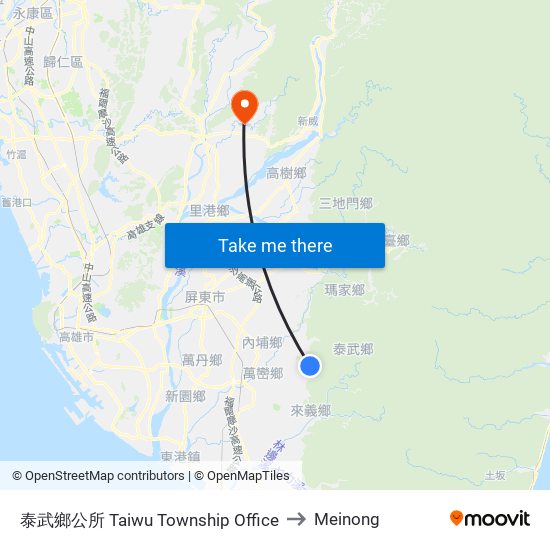 泰武鄉公所 Taiwu Township Office to Meinong map