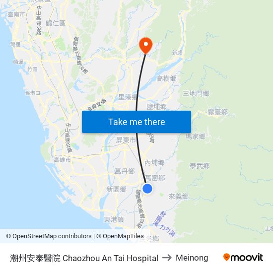 潮州安泰醫院 Chaozhou An Tai Hospital to Meinong map