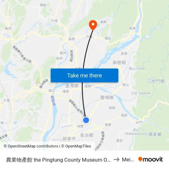 農業物產館 the Pingtung County Museum Of Agricultural Products to Meinong map
