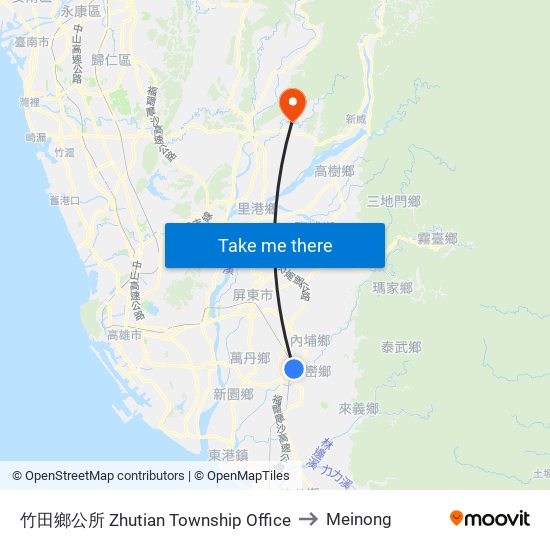 竹田鄉公所 Zhutian Township Office to Meinong map