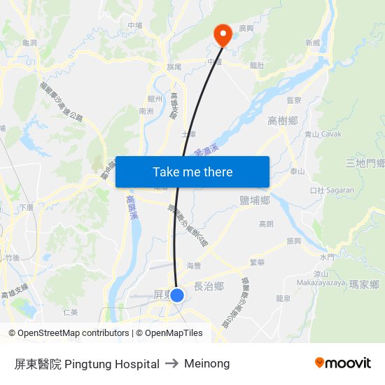 屏東醫院 Pingtung Hospital to Meinong map