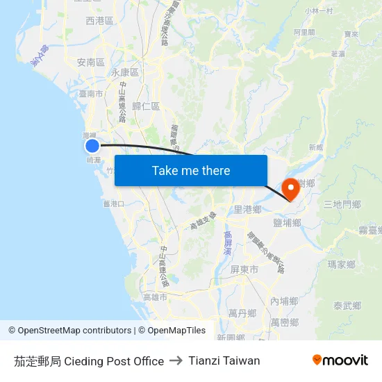 茄萣郵局 Cieding Post Office to Tianzi Taiwan map