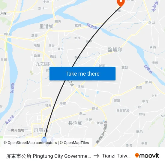 屏東市公所 Pingtung City Government to Tianzi Taiwan map