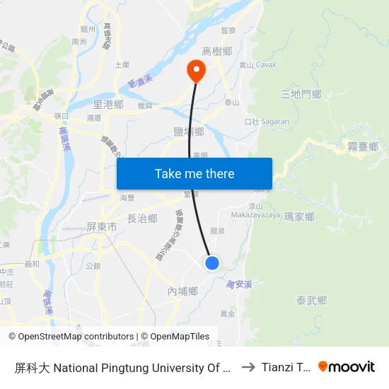 屏科大 National Pingtung University Of Science And Techno to Tianzi Taiwan map