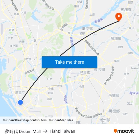 夢時代 Dream Mall to Tianzi Taiwan map