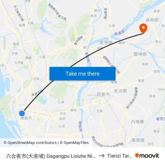 六合夜市(大港埔) Dagangpu Liouhe Night Market to Tianzi Taiwan map