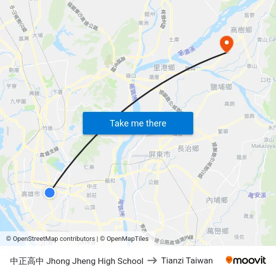 中正高中 Jhong Jheng High School to Tianzi Taiwan map