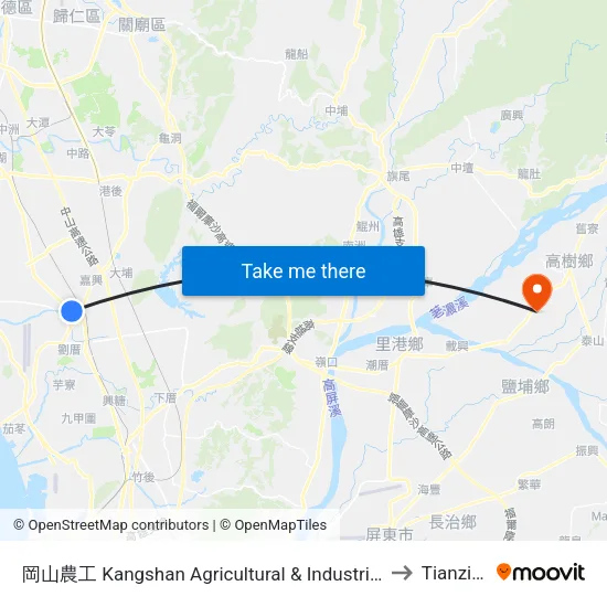 岡山農工 Kangshan Agricultural & Industrial Vocational Senior High School to Tianzi Taiwan map