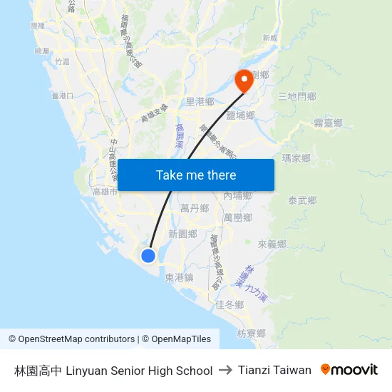 林園高中 Linyuan Senior High School to Tianzi Taiwan map