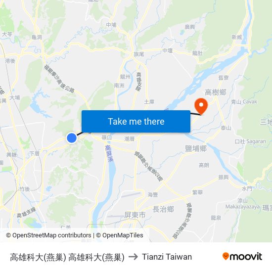 高雄科大(燕巢) 高雄科大(燕巢) to Tianzi Taiwan map