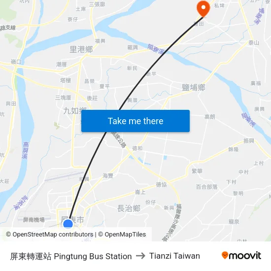 屏東轉運站 Pingtung Bus Station to Tianzi Taiwan map
