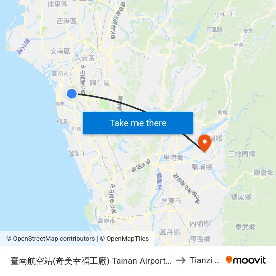 臺南航空站(奇美幸福工廠) Tainan Airport(Chimei Happiness Factory) to Tianzi Taiwan map
