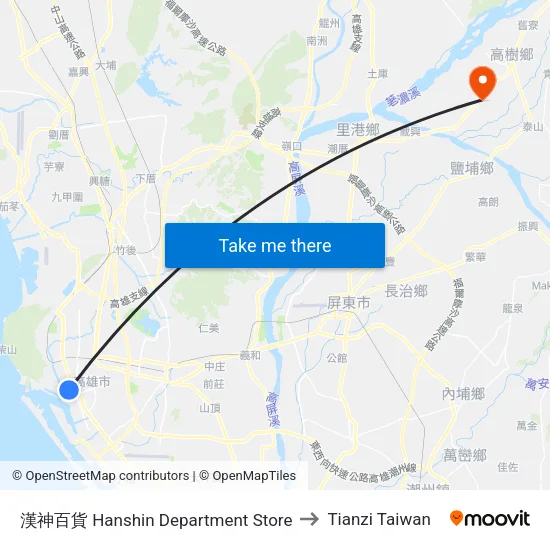 漢神百貨 Hanshin Department Store to Tianzi Taiwan map