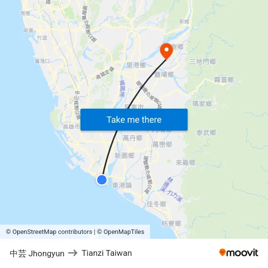 中芸 Jhongyun to Tianzi Taiwan map