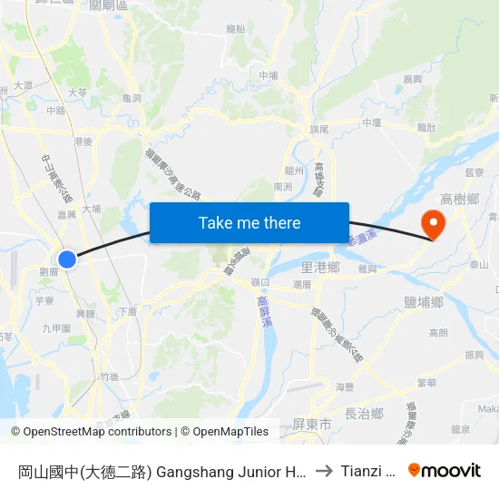 岡山國中(大德二路) Gangshang Junior High School(Dade 2nd Rd.) to Tianzi Taiwan map