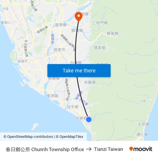 春日鄉公所 Chunrih Township Office to Tianzi Taiwan map