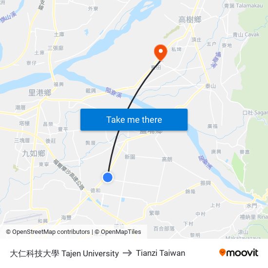 大仁科技大學 Tajen University to Tianzi Taiwan map