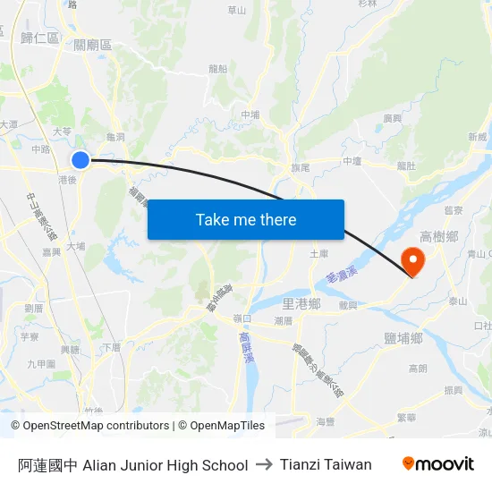 阿蓮國中 Alian Junior High School to Tianzi Taiwan map