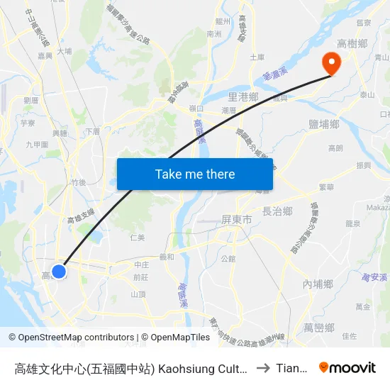 高雄文化中心(五福國中站) Kaohsiung Cultural Center(Wufu Junior High School Station) to Tianzi Taiwan map