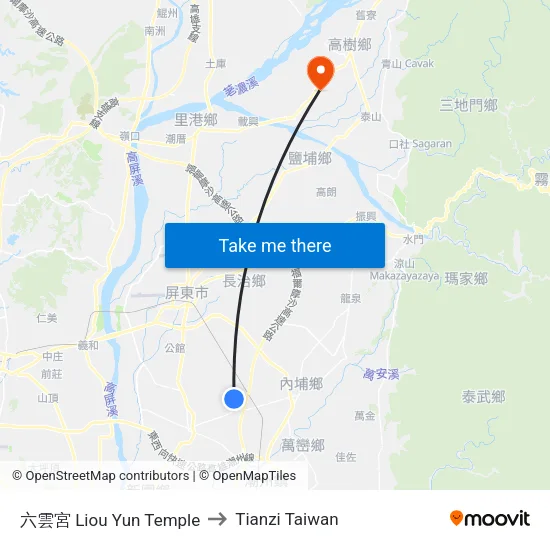 六雲宮 Liou Yun Temple to Tianzi Taiwan map