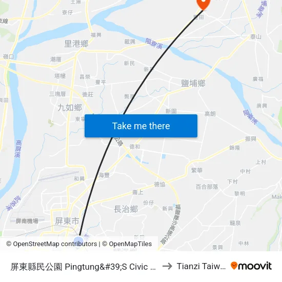 屏東縣民公園 Pingtung&#39;S Civic Park to Tianzi Taiwan map