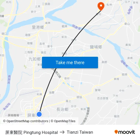 屏東醫院 Pingtung Hospital to Tianzi Taiwan map