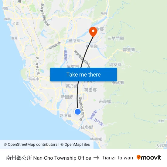 南州鄉公所 Nan-Cho Township Office to Tianzi Taiwan map