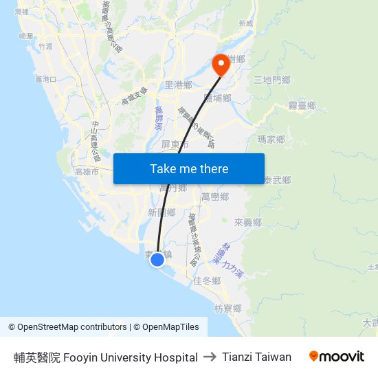 輔英醫院 Fooyin University Hospital to Tianzi Taiwan map