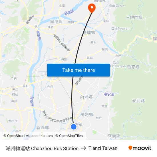 潮州轉運站 Chaozhou Bus Station to Tianzi Taiwan map