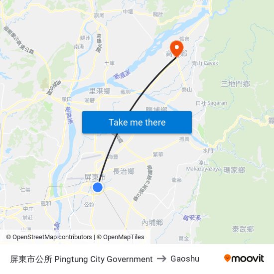 屏東市公所 Pingtung City Government to Gaoshu map