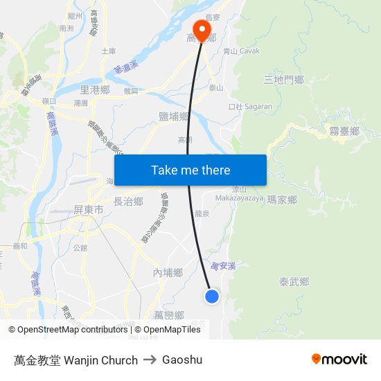 萬金教堂 Wanjin Church to Gaoshu map