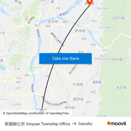 新園鄉公所 Xinyuan Township Office to Gaoshu map