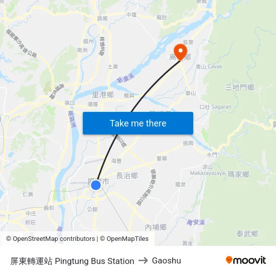 Pingtung Bus Station to Gaoshu map