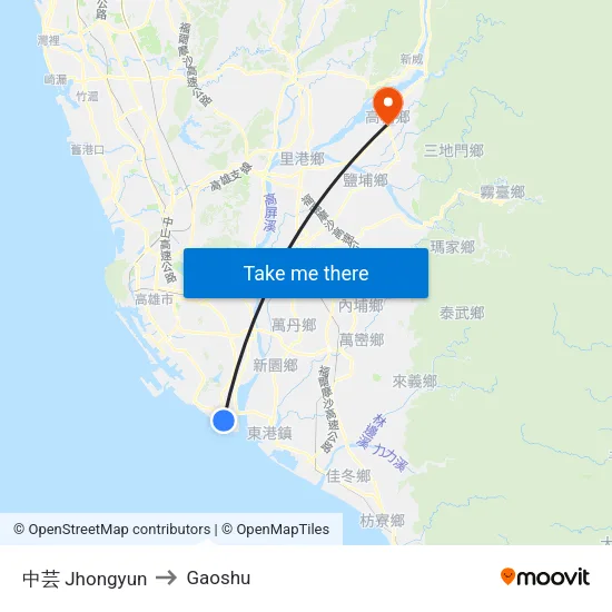 中芸 Jhongyun to Gaoshu map