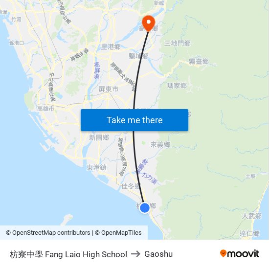 枋寮中學 Fang Laio High School to Gaoshu map