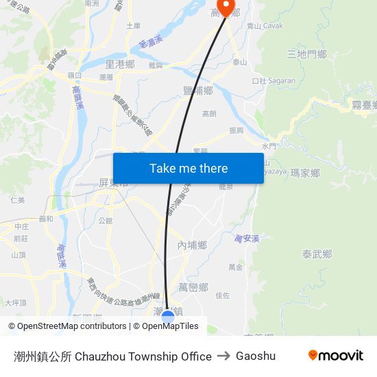 潮州鎮公所 Chauzhou Township Office to Gaoshu map