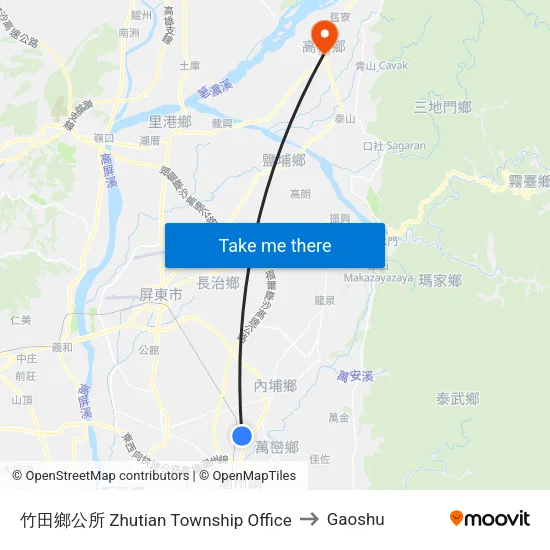竹田鄉公所 Zhutian Township Office to Gaoshu map