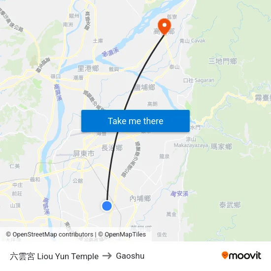 Liou Yun Temple to Gaoshu map