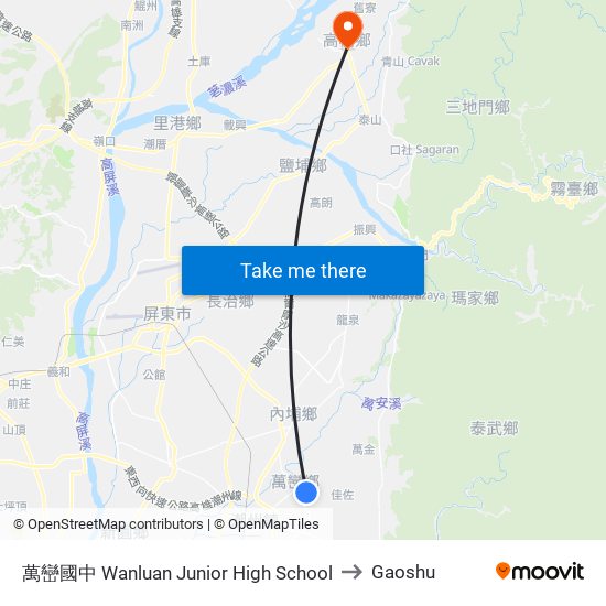 萬巒國中 Wanluan Junior High School to Gaoshu map