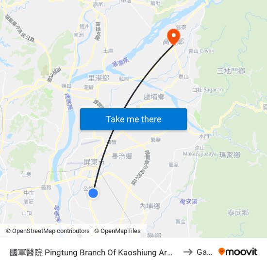 國軍醫院 Pingtung Branch Of Kaoshiung Armed Forces Genaral Hospital to Gaoshu map