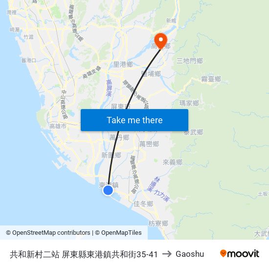 共和新村二站 屏東縣東港鎮共和街35-41 to Gaoshu map