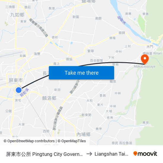 屏東市公所 Pingtung City Government to Liangshan Taiwan map